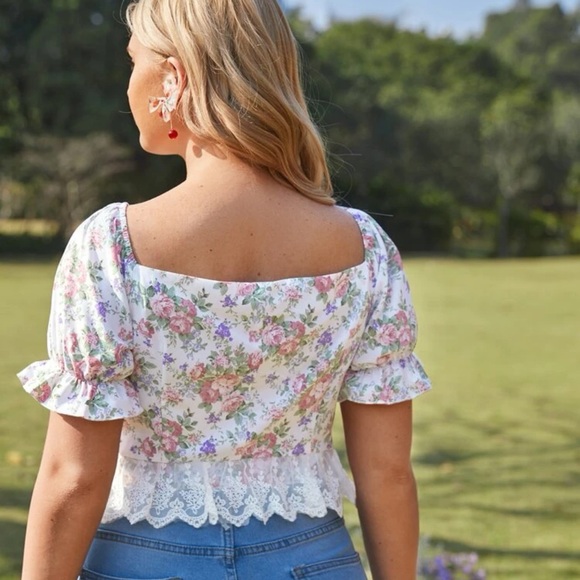 NWT Cottagecore Babydoll Peplum Floral Print Lace Crop Blouse Size 1XL PLUS - Picture 4 of 10